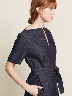 THEORY Navy Blue Denim Jean Belted Shift Mini Dress 4